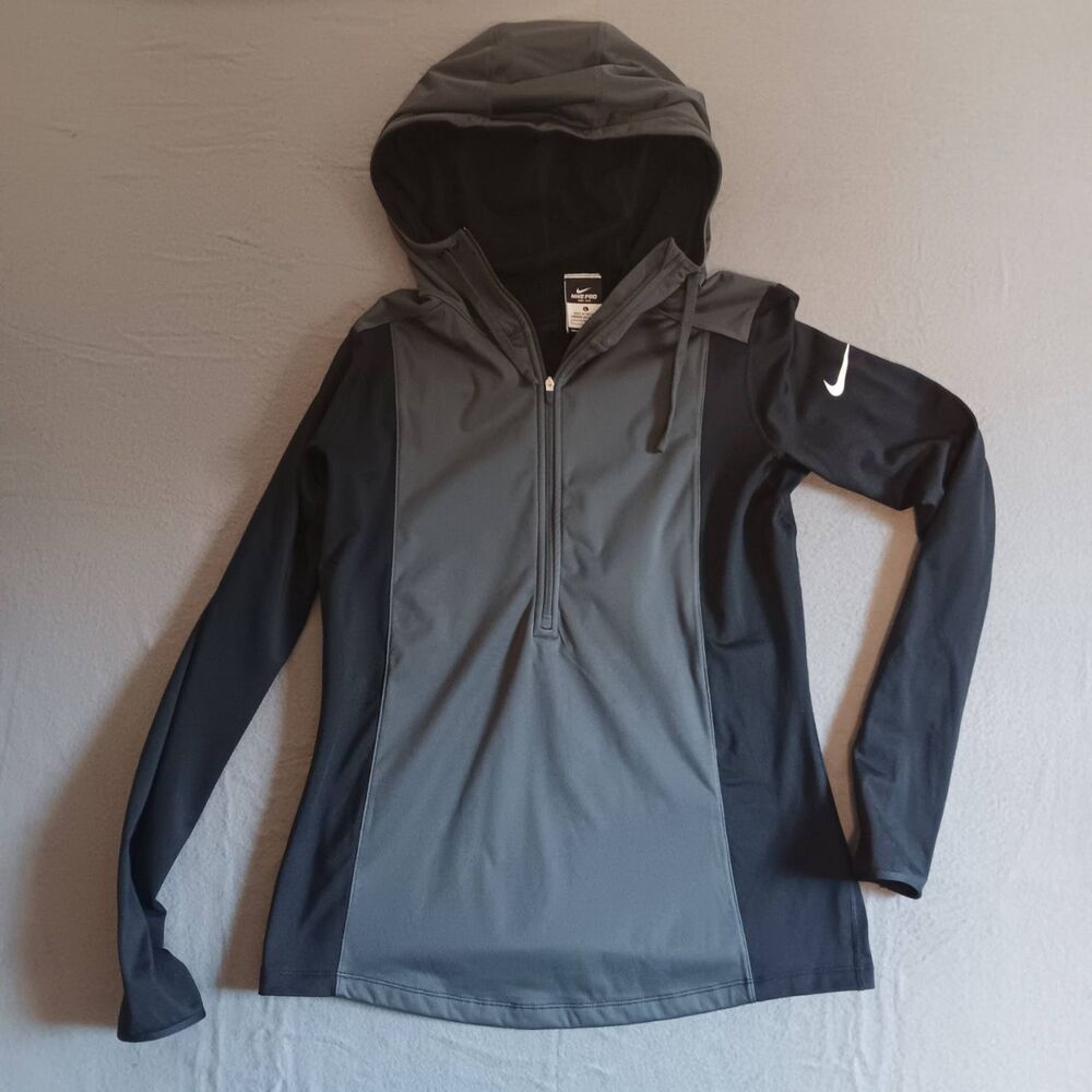 Nike Womens Large Hoodie Grey Black Fleece Lined Dri Fit Running Warm Breathable